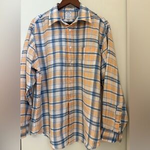 Brooks Brothers Irish Linen Orange and Blue Checkered Plaid Shirt XL
